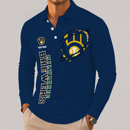 [FLASH SALE] NEW CUSTOMIZED MLB15 MBS MILWAUKEE BREWERS MEN'S LONG SLEEVE POLO