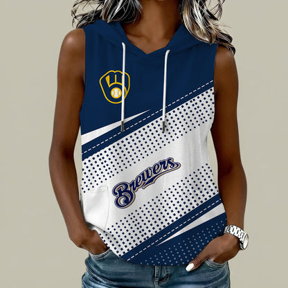 [FLASH SALE] NEW CUSTOMIZED MLB15 MBS MILWAUKEE BREWERS WOMEN'S SLEEVELESS HOODED POCKET TANK TOP