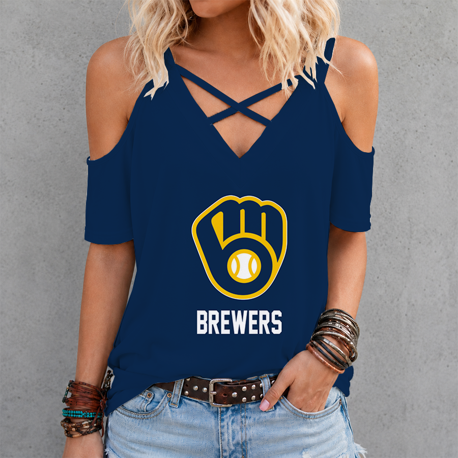 [FLASH SALE] NEW CUSTOMIZED MLB15 MBS MILWAUKEE BREWERS CRISS CROSS V-NECK TOP