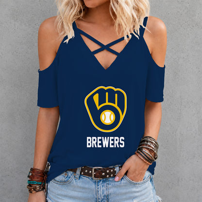[FLASH SALE] NEW CUSTOMIZED MLB15 MBS MILWAUKEE BREWERS CRISS CROSS V-NECK TOP