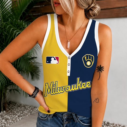 [FLASH SALE] NEW CUSTOMIZED MLB15 MBS MILWAUKEE BREWERS WOMEN'S V-NECK TANK TOP