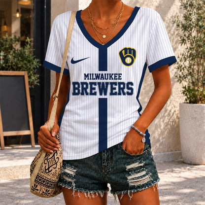 [FLASH SALE] NEW CUSTOMIZED MLB15 MBS MILWAUKEE BREWERS V-NECK FEMALE SHIRT