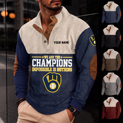 [FLASH SALE] NEW CUSTOMIZED MLB15 MBS MILWAUKEE BREWERS BUTTON SWEATSHIRTS STAND COLLAR