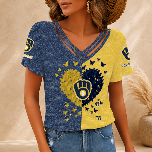 [FLASH SALE] NEW CUSTOMIZED MLB15 MBS MILWAUKEE BREWERS V-NECK SHIRT