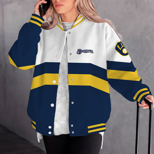 [FLASH SALE] NEW CUSTOMIZED MLB15 MBS MILWAUKEE BREWERS SATIN VARSITY & BASEBALL JACKET