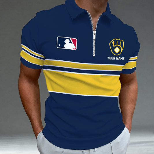 [FLASH SALE] NEW CUSTOMIZED MLB15 MBS MILWAUKEE BREWERS ZIP POLO SHIRT