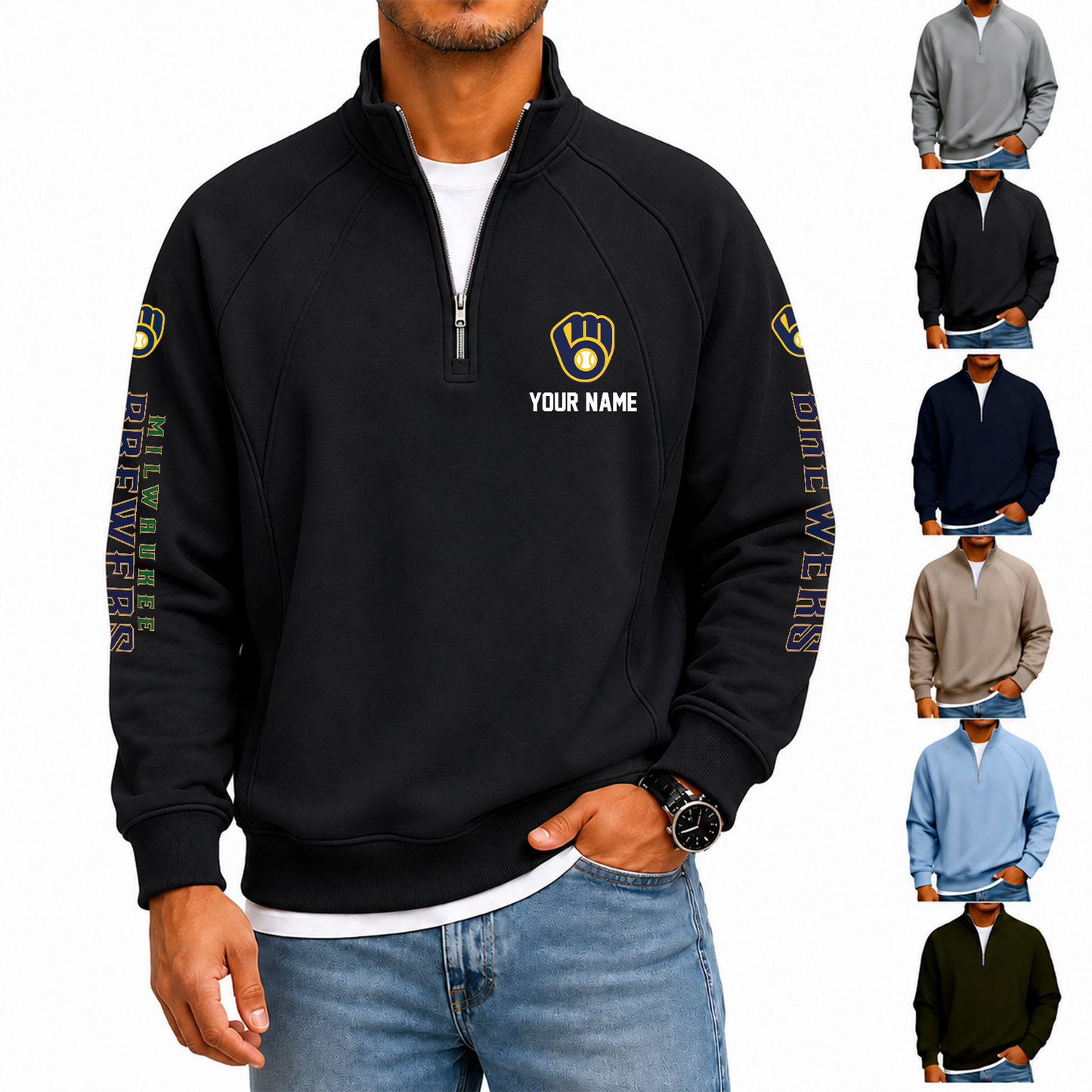 [FLASH SALE] NEW CUSTOMIZED MLB15 MBS MILWAUKEE BREWERS MEN'S QUARTER ZIP PULLOVER
