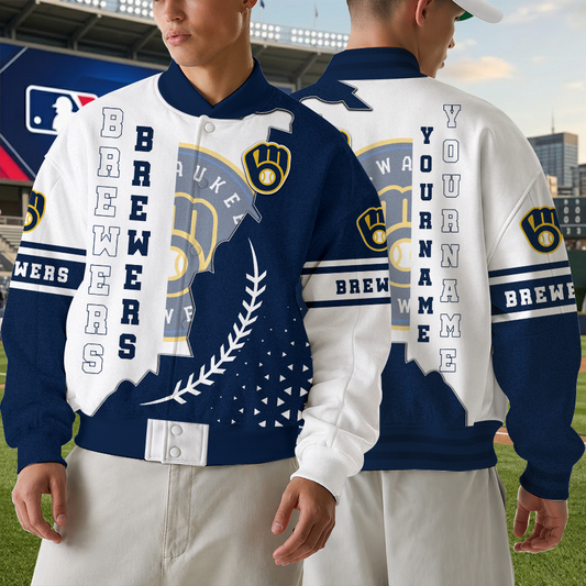 [FLASH SALE] NEW CUSTOMIZED MLB15 MBS MILWAUKEE BREWERS SATIN VARSITY & BASEBALL JACKET