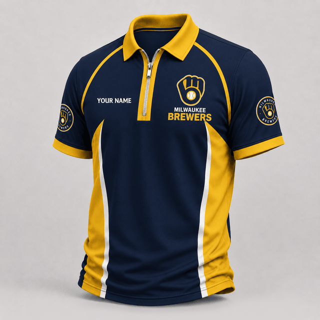 [FLASH SALE] NEW CUSTOMIZED MLB15 MBS MILWAUKEE BREWERS ZIP POLO SHIRT