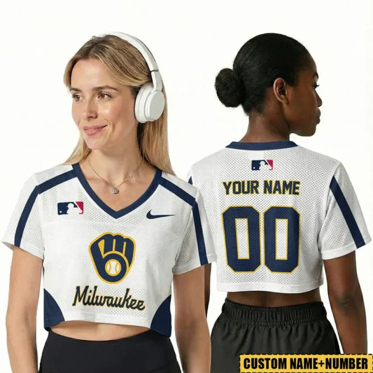 [FLASH SALE] NEW CUSTOMIZED MLB15 MBS MILWAUKEE BREWERS V-NECK JERSEY CROP TOP