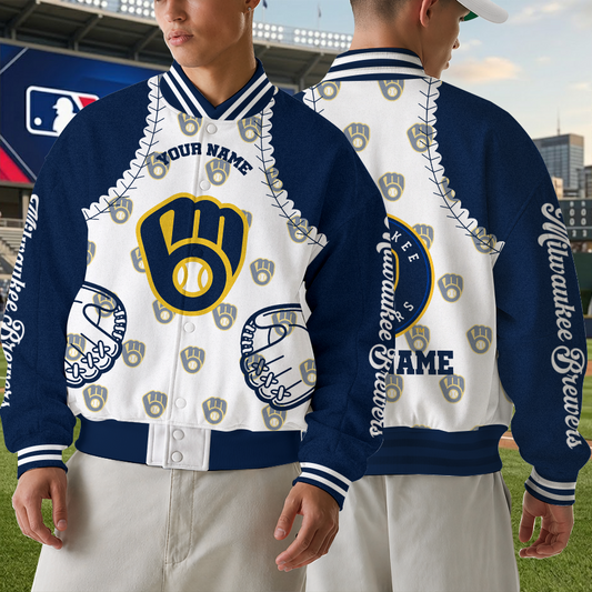 [FLASH SALE] NEW CUSTOMIZED MLB15 MBS MILWAUKEE BREWERS SATIN VARSITY & BASEBALL JACKET