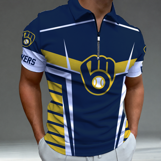 [FLASH SALE] NEW CUSTOMIZED MLB15 MBS MILWAUKEE BREWERS ZIP POLO SHIRT