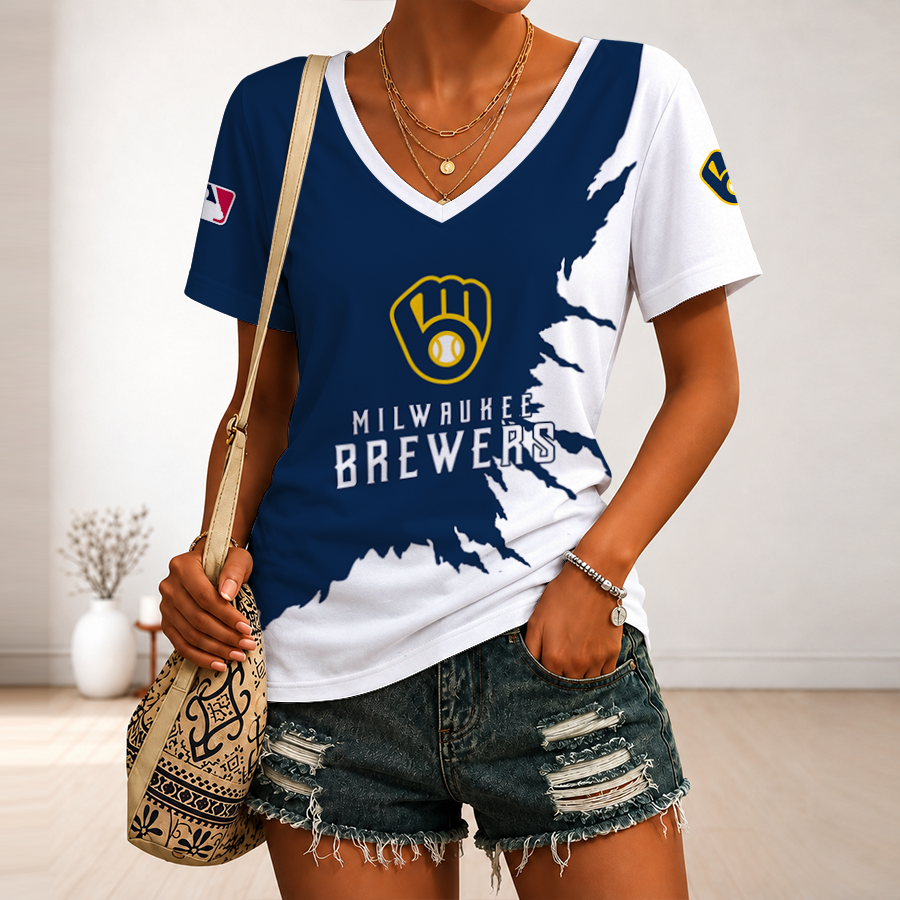 [FLASH SALE] NEW CUSTOMIZED MLB15 MBS MILWAUKEE BREWERS V-NECK FEMALE SHIRT