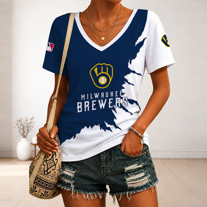 [FLASH SALE] NEW CUSTOMIZED MLB15 MBS MILWAUKEE BREWERS V-NECK FEMALE SHIRT