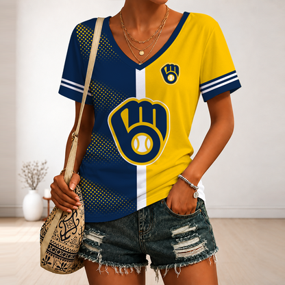 [FLASH SALE] NEW CUSTOMIZED MLB15 MBS MILWAUKEE BREWERS V-NECK FEMALE SHIRT
