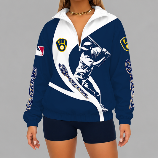 [FLASH SALE] NEW CUSTOMIZED MLB15 MBS MILWAUKEE BREWERS V-NECK ZIPPER SWEATSHIRT JACKET