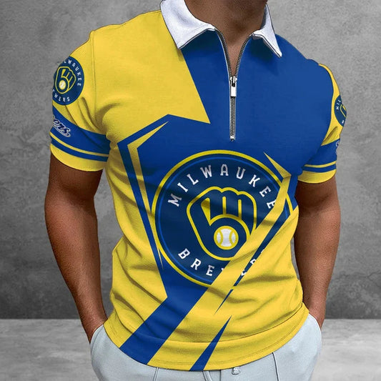 [FLASH SALE] NEW CUSTOMIZED MLB15 MBS MILWAUKEE BREWERS ZIP POLO SHIRT