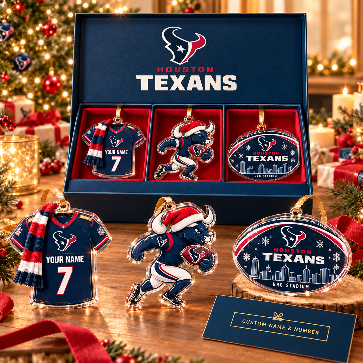 [FULL SET 3 ITEMS - NO BOX] NEW CUSTOMIZED NFL15 HTT HOUSTON TEXANS CHRISTMAS ACRYLIC ORNAMENT