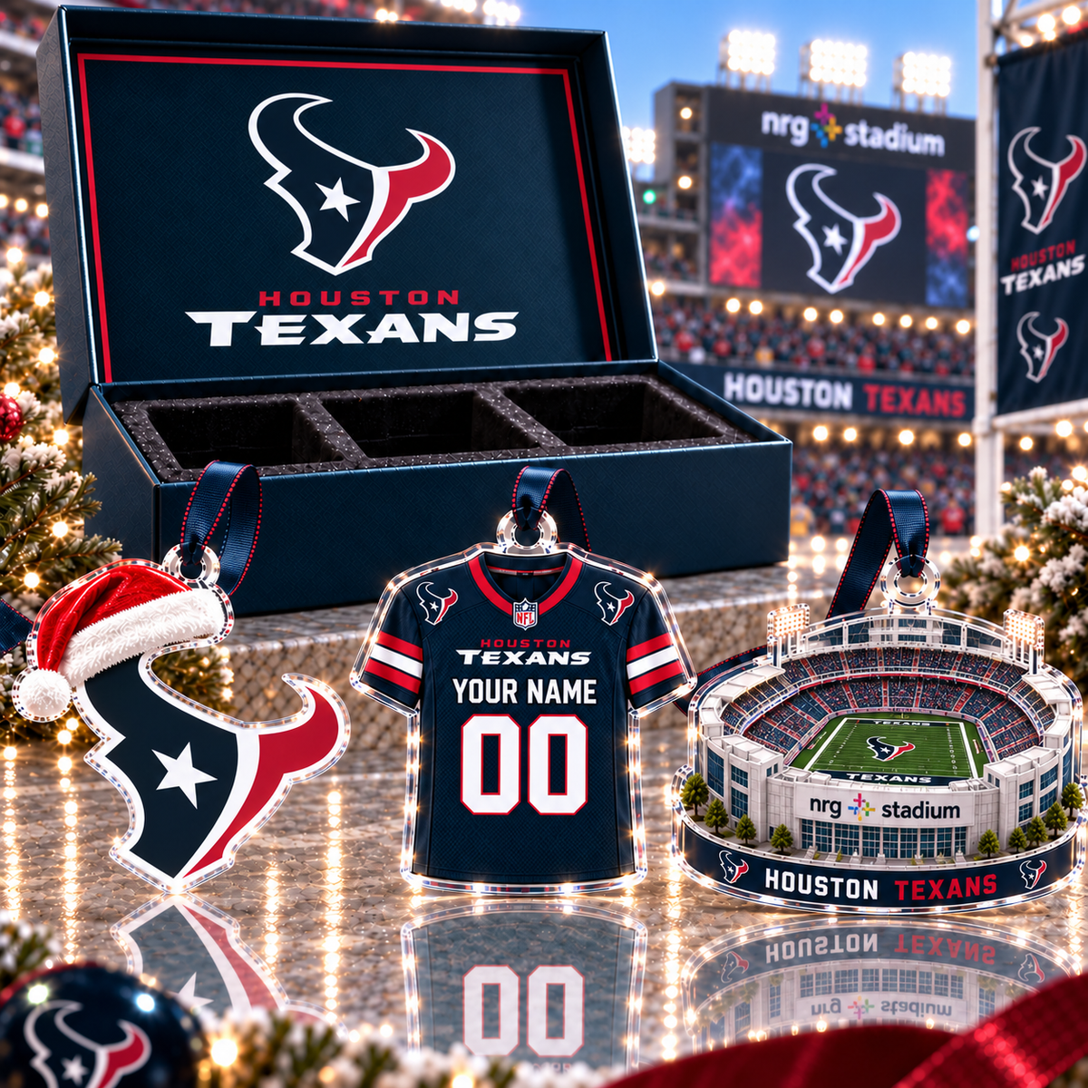 [FULL SET 3 ITEMS - NO BOX] NEW CUSTOMIZED NFL15 HTT HOUSTON TEXANS CHRISTMAS ACRYLIC ORNAMENT