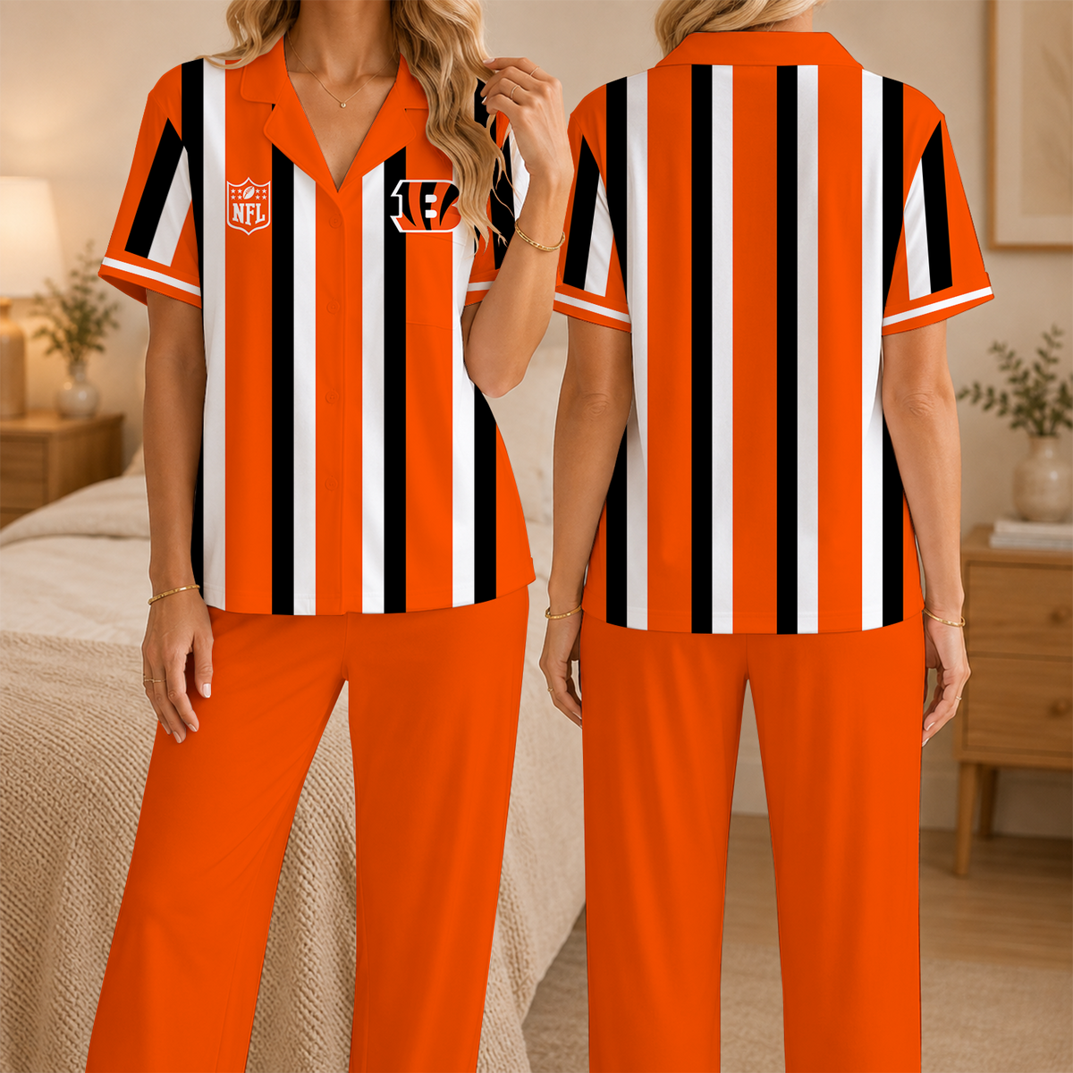 [SPECIAL OFFER] NEW CUSTOMIZED NFL16 CCB CINCINNATI BENGALS SHORT SLEEVE & LONG PANTS PAJAMAS SET