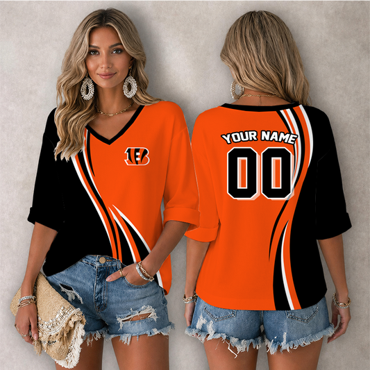 [SPECIAL OFFER] NEW CUSTOMIZED NFL16 CCB CINCINNATI BENGALS WOMEN'S HEART V-NECK LONG SLEEVE SHIRT