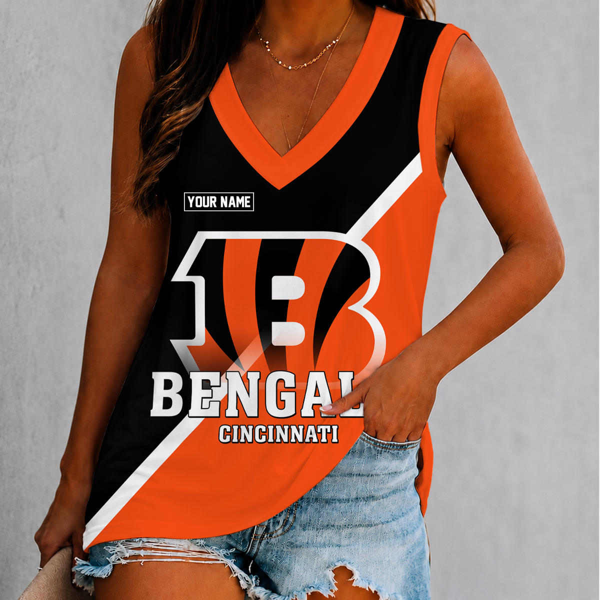 [SPECIAL OFFER] NEW CUSTOMIZED NFL16 CCB CINCINNATI BENGALS WOMEN'S V-NECK TANK TOP