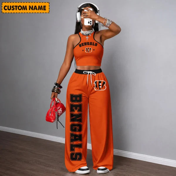 [SPECIAL OFFER] NEW CUSTOMIZED NFL16 CCB CINCINNATI BENGALS WOMEN'S CROP TOP & LONGPANTS SET