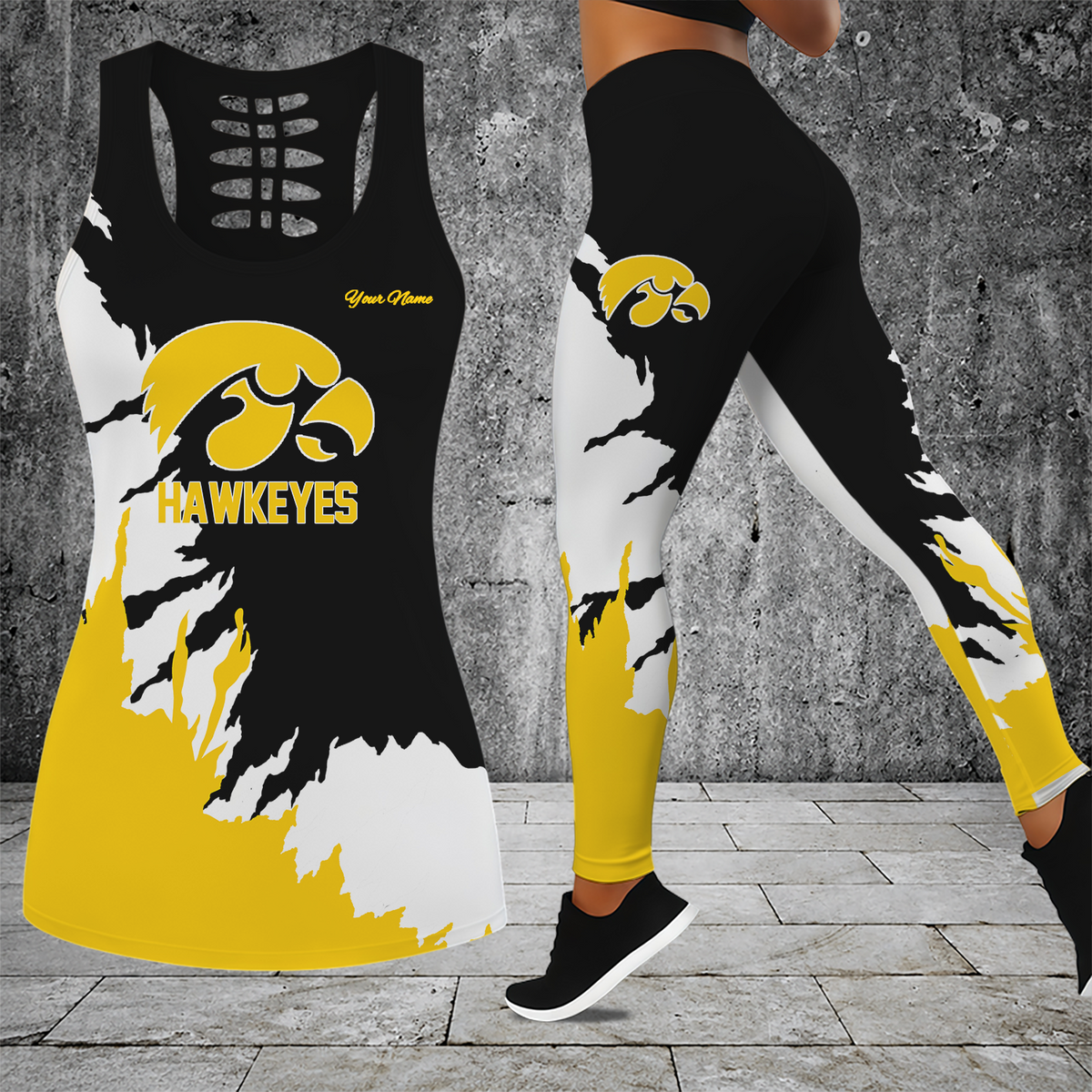 [FAN FAVORITE] NEW CUSTOMIZED NCAA MAM16 IWH IOWA HAWKEYES STRAPPY HOLLOW TANK TOP & LEGGINGS SET