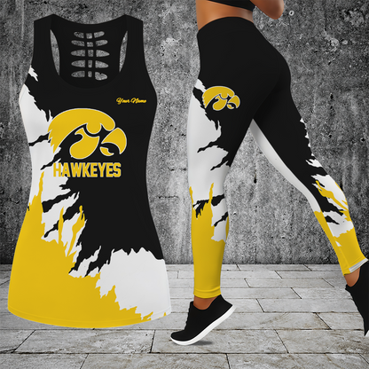 [FAN FAVORITE] NEW CUSTOMIZED NCAA MAM16 IWH IOWA HAWKEYES STRAPPY HOLLOW TANK TOP & LEGGINGS SET