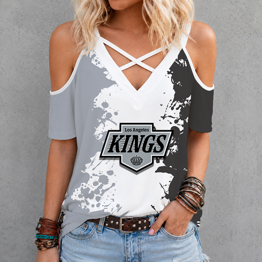 [SUPER SALE] NEW CUSTOMIZED NHL16 LAK LOS ANGELES KINGS CRISS CROSS V-NECK TOP