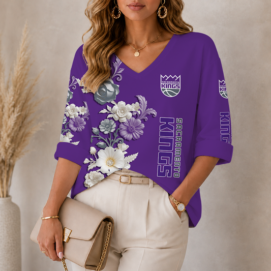 LIMITED EDITION - NEW CUSTOMIZED NBA16 SKI SACRAMENTO KINGS WOMEN'S V-NECK LONG SLEEVE SHIRT