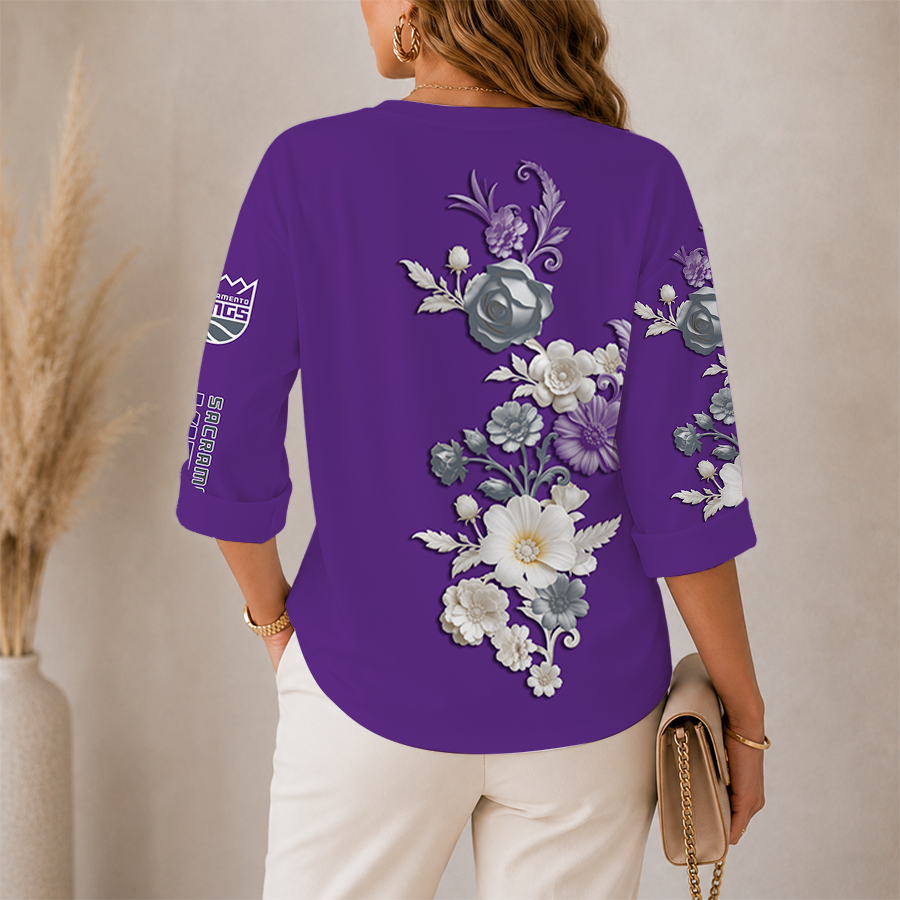 LIMITED EDITION - NEW CUSTOMIZED NBA16 SKI SACRAMENTO KINGS WOMEN'S V-NECK LONG SLEEVE SHIRT