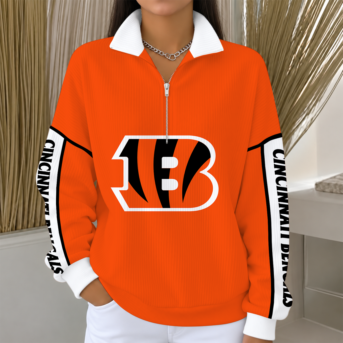 [SPECIAL OFFER] NEW CUSTOMIZED NFL16 CCB CINCINNATI BENGALS QUARTER ZIP RIBBED SWEATER