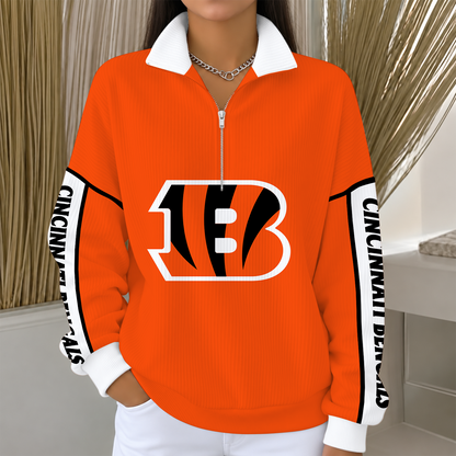 [SPECIAL OFFER] NEW CUSTOMIZED NFL16 CCB CINCINNATI BENGALS QUARTER ZIP RIBBED SWEATER
