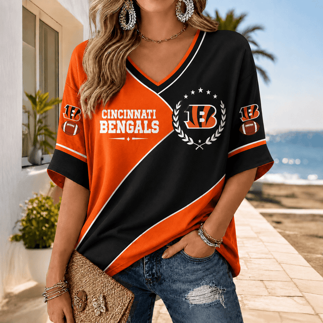 [SPECIAL OFFER] NEW CUSTOMIZED NFL16 CCB CINCINNATI BENGALS WOMEN'S HEART V-NECK LONG SLEEVE SHIRT