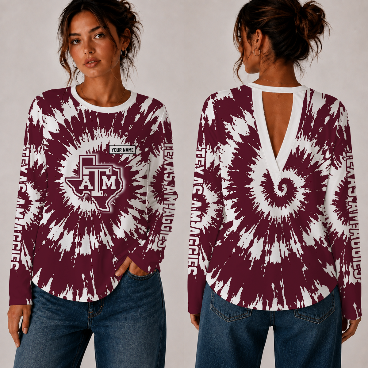 [FAN FAVORITE] NEW CUSTOMIZED NCAA FBS16 TAA TEXAS A&M AGGIES WOMEN'S BACK V-CUT LONG-SLEEVE SHIRT