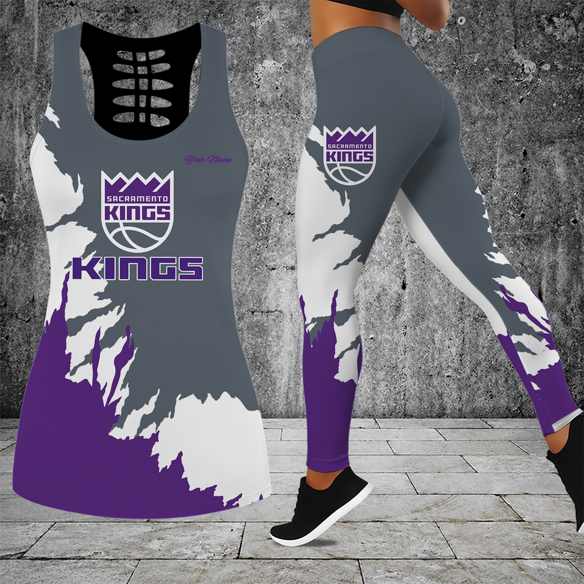 [HOT DEAL] NEW CUSTOMIZED NBA16 SKI SACRAMENTO KINGS HOLLOW TANK TOP & LEGGINGS SET