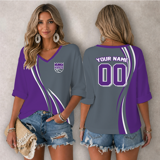 [HOT DEAL] NEW CUSTOMIZED NBA16 SKI SACRAMENTO KINGS WOMEN'S HEART V-NECK LONG SLEEVE SHIRT