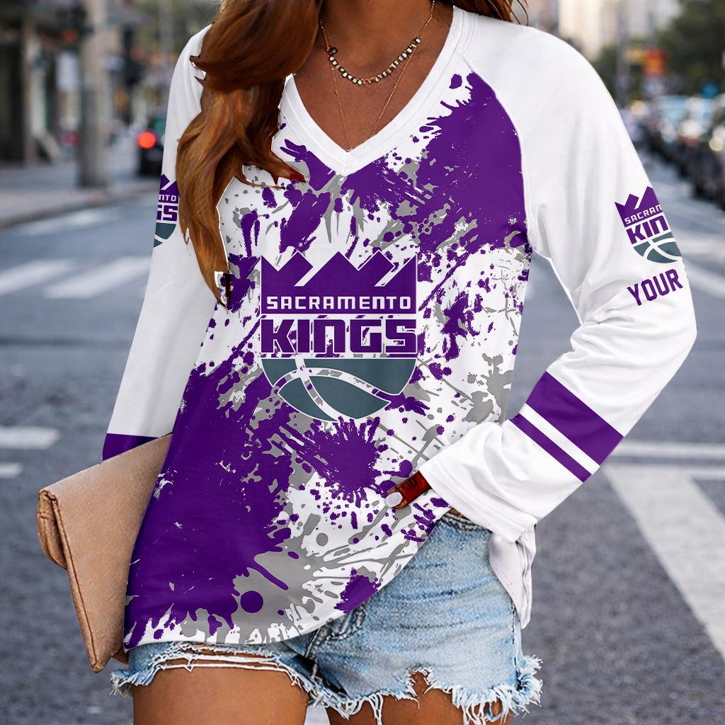 [HOT DEAL] NEW CUSTOMIZED NBA16 SKI SACRAMENTO KINGS WOMEN'S V-NECK LONG SLEEVED SHIRT