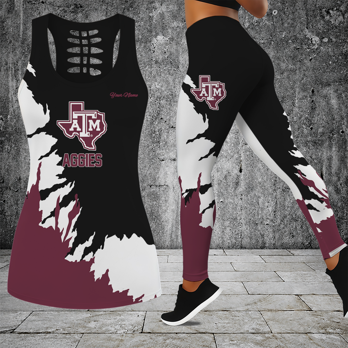 [FAN FAVORITE] NEW CUSTOMIZED NCAA FBS16 TAA TEXAS A&M AGGIES HOLLOW TANK TOP & LEGGINGS SET