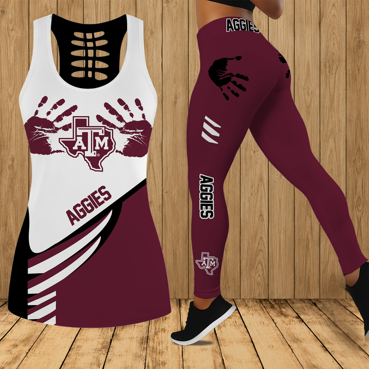 [FAN FAVORITE] NEW CUSTOMIZED NCAA FBS16 TAA TEXAS A&M AGGIES HOLLOW TANK TOP & LEGGINGS SET