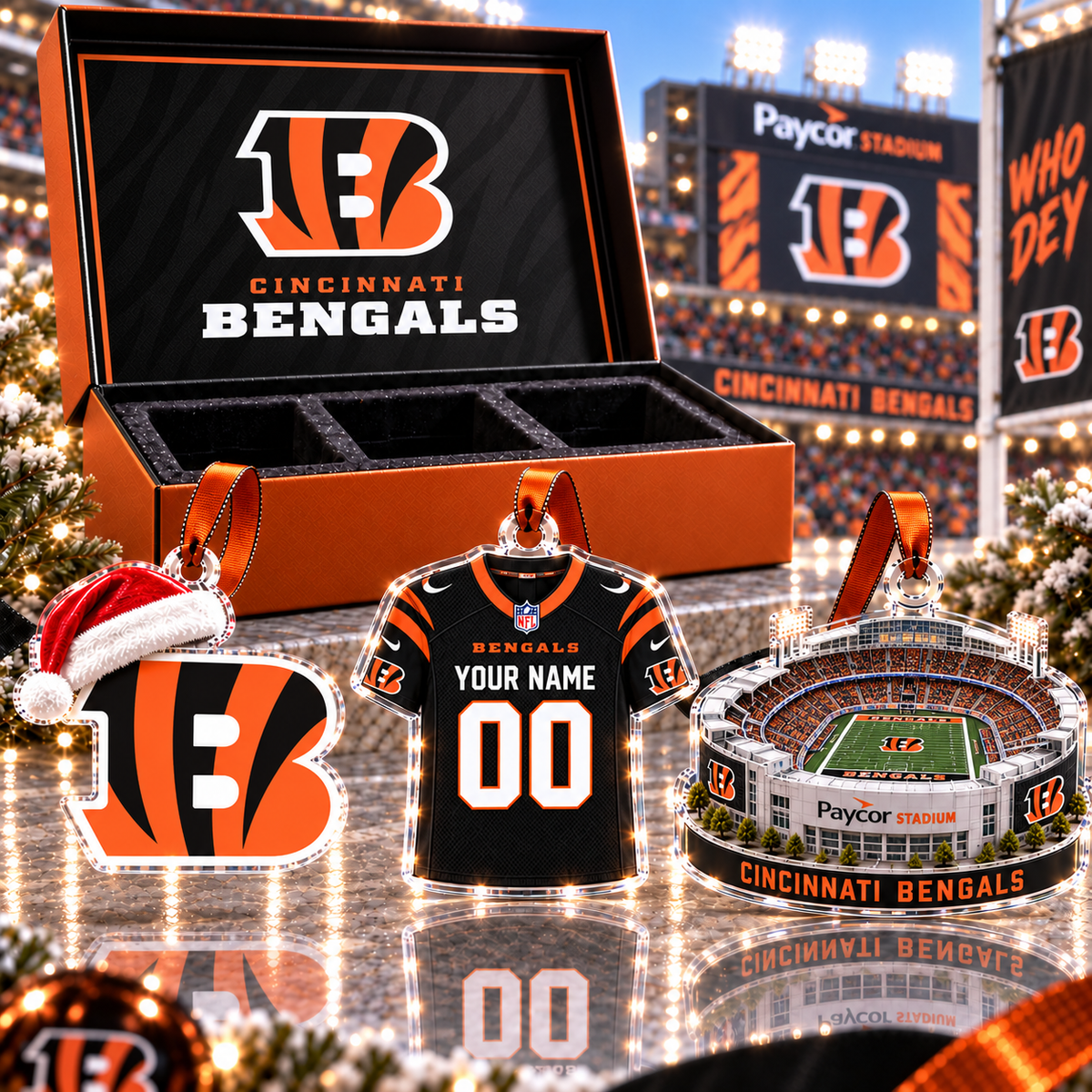 [FULL SET 3 ITEMS - NO BOX] NEW CUSTOMIZED NFL16 CCB CINCINNATI BENGALS CHRISTMAS ACRYLIC ORNAMENT