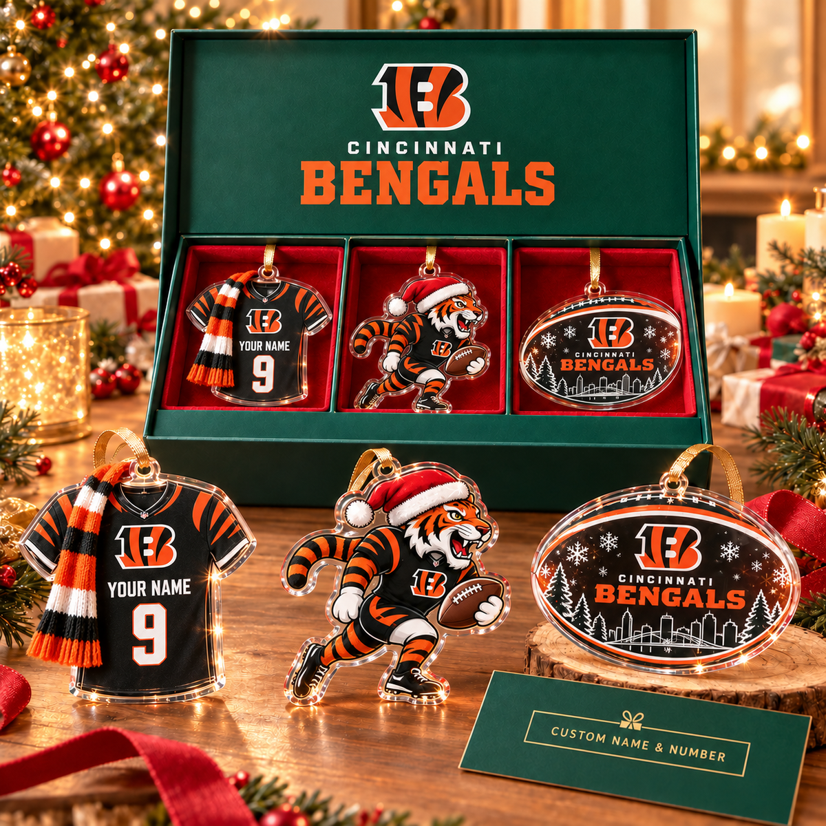[FULL SET 3 ITEMS - NO BOX] NEW CUSTOMIZED NFL16 CCB CINCINNATI BENGALS CHRISTMAS ACRYLIC ORNAMENT