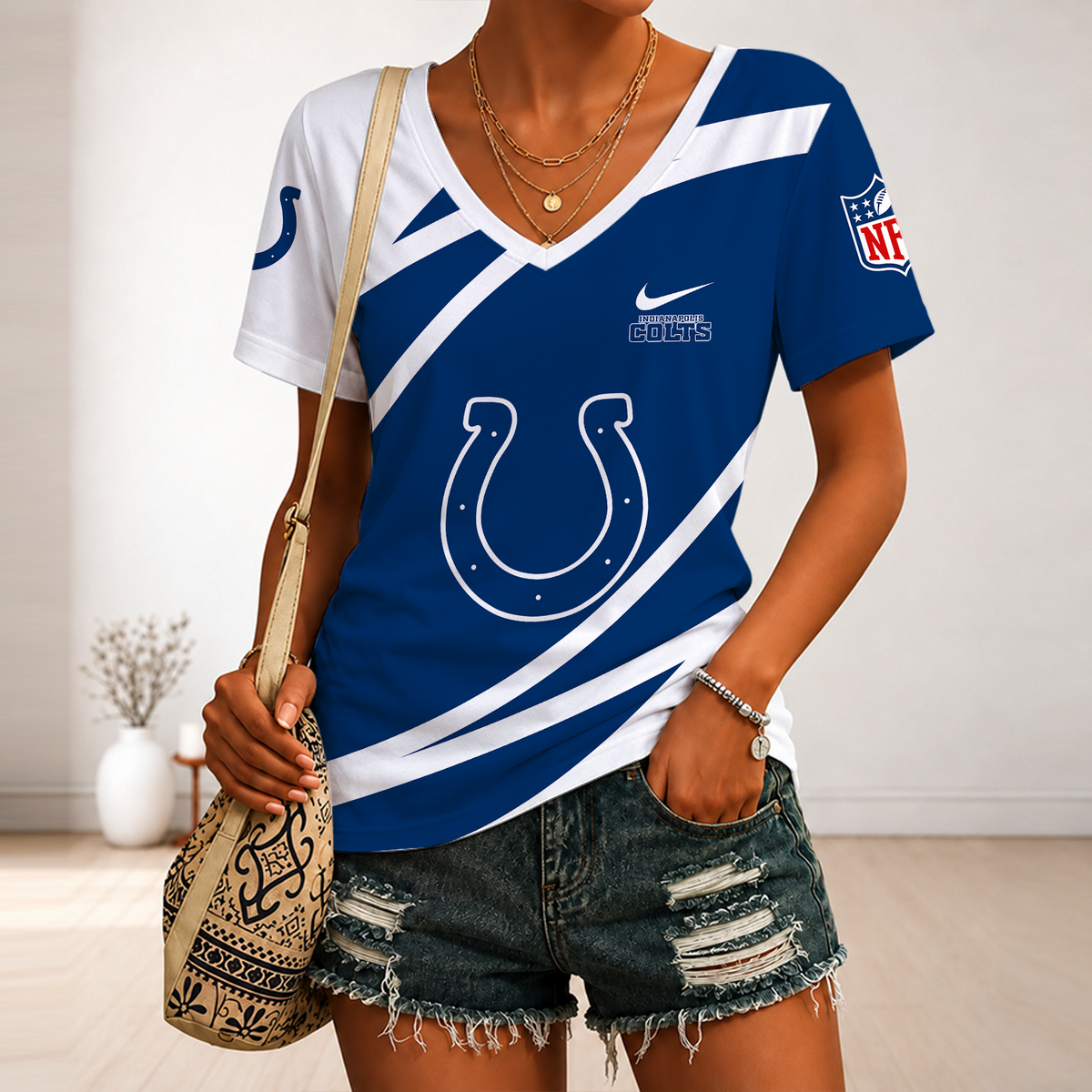 [SPECIAL OFFER] NEW CUSTOMIZED NFL17 IDC INDIANAPOLIS COLTS V-NECK FEMALE SHIRT