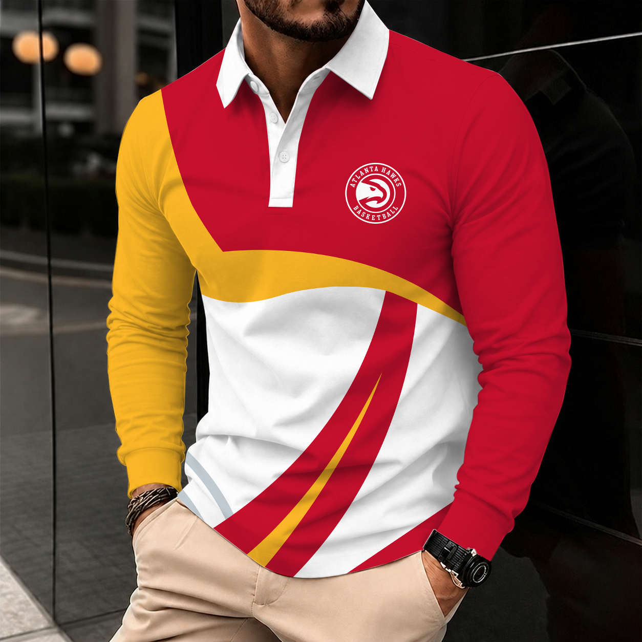 [HOT DEAL] NEW CUSTOMIZED NBA17 AHA ATLANTA HAWKS MEN LONG SLEEVE POLO