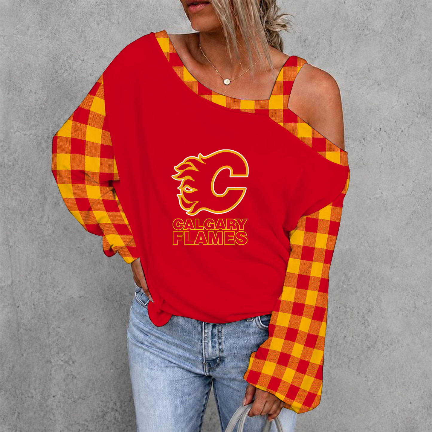 [SUPER SALE] NEW CUSTOMIZED DROP NHL17 CGF CALGARY FLAMES SHOULDER SWEATSHIRT