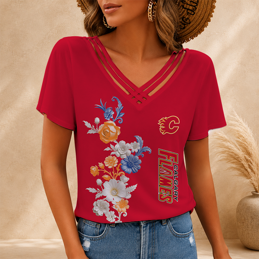 [SUPER SALE] NEW CUSTOMIZED NHL17 CGF CALGARY FLAMES V-NECK SHIRT