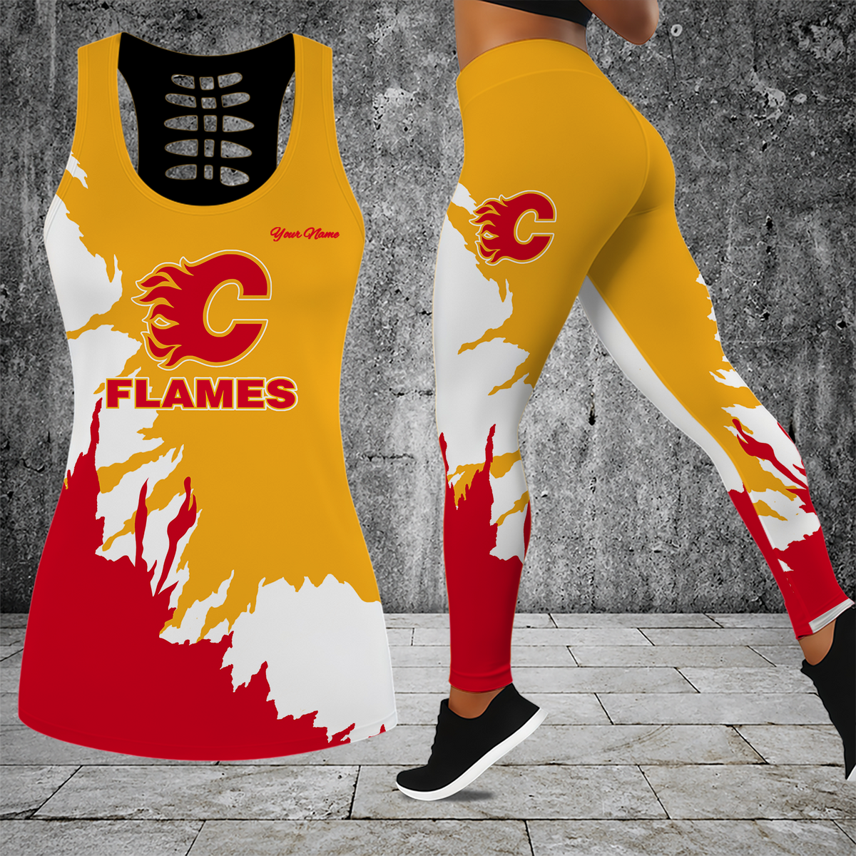 [SUPER SALE] NEW CUSTOMIZED NHL17 CGF CALGARY FLAMES HOLLOW TANK TOP & LEGGINGS SET