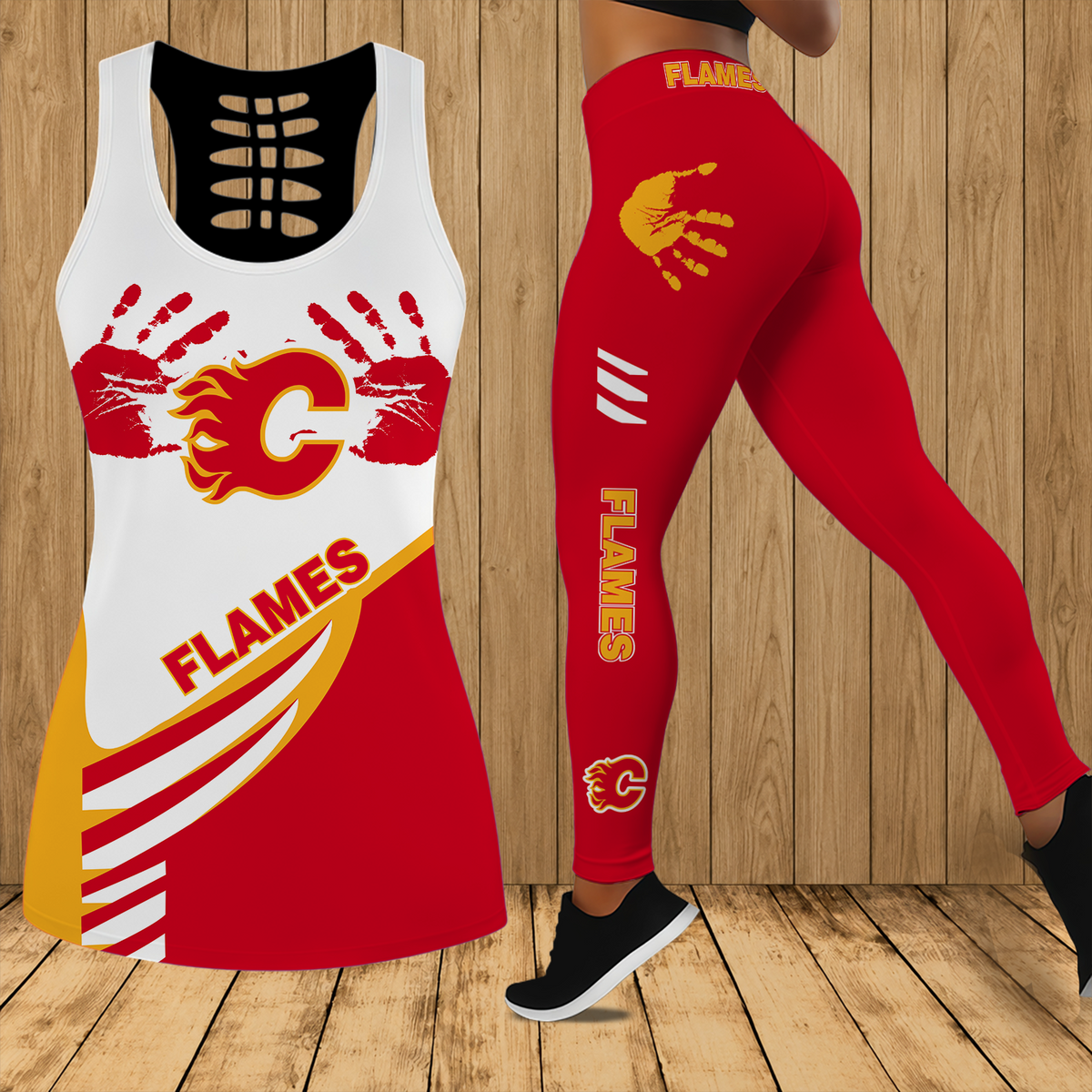 [SUPER SALE] NEW CUSTOMIZED NHL17 CGF CALGARY FLAMES HOLLOW TANK TOP & LEGGINGS SET