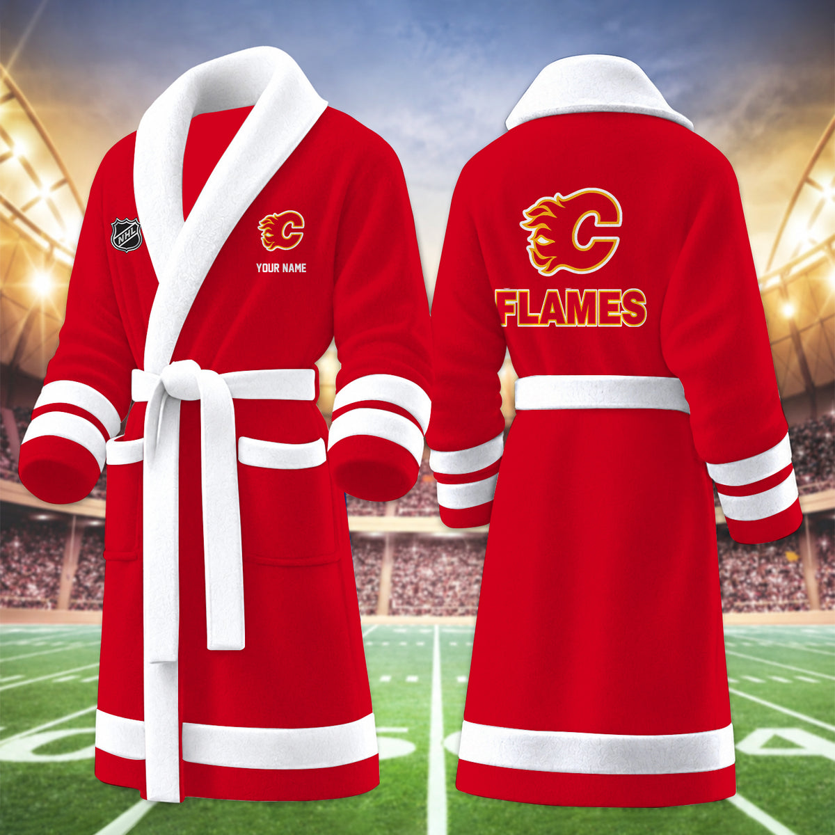 [SUPER SALE] NEW CUSTOMIZED NHL17 CGF CALGARY FLAMES MULTICOLOR FLEECE BATHROBE